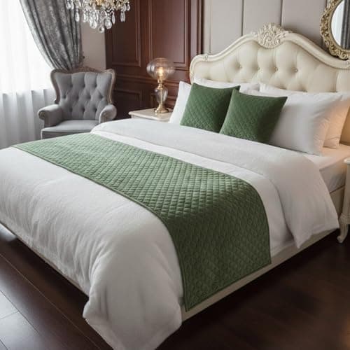 Image of Makooz Quilted Velvet Bed Runner King Size for 1.5m Bed 1pc - Matching Cushion Covers Sold Separately - Hotel Grade no Fading Soft Scarf - Bedroom Guesthouse Bedding Protection - 63x265cm Sage Green