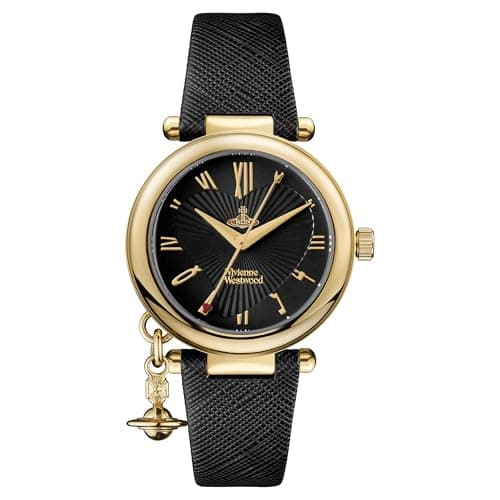 Image of Vivienne Westwood Orb Womens 36mm Analogue Quartz Watch in Black with Analogue Display, and Black Leather Strap VV006GDBLK.
