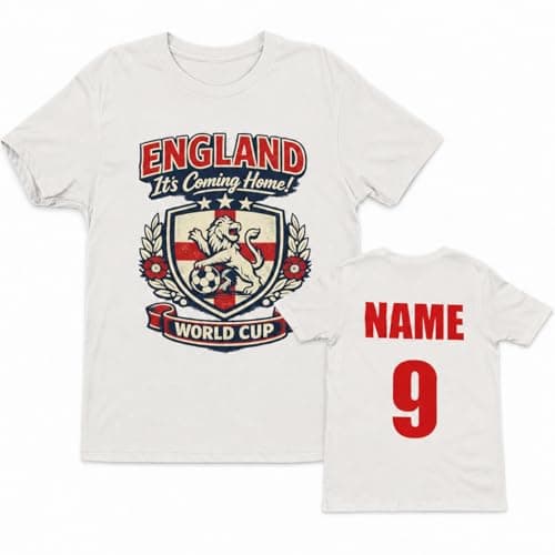 Image of Galaxy Tees Personalised England World Cup T-Shirt, Custom Name & Number Back Print, Adult Unisex Football Fan Shirt, White Black Navy Military Green (UK, Alpha, XXL, Regular, Regular, White)
