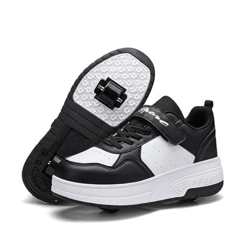 Image of Mateju Kids Roller Skate Shoes for Boys Girls, Black Skateboarding Skates with 2 Wheels Parkour Shoes Unisex Retractable Skating Sneakers Shoes for Children Adult Park Sports Walking 2 UK