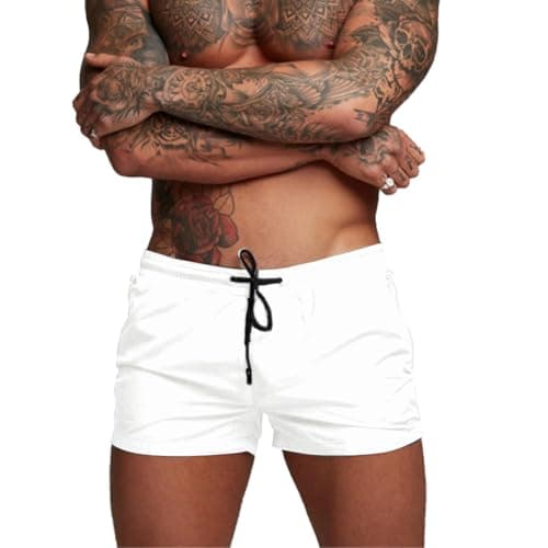 Image of Donason Men's Swim Trunks Quick Dry Swimming Running Shorts Mens Beach Board Shorts Breathable Gym Sports Shorts with Mesh Lining and Zipper Pockets White