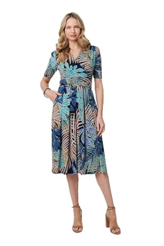 Image of Izabel London Leaf Print Wrap Front Pleat Midi Dress for Women UK with 1/2 Sleeves, a v-Neck and a Ruched Waist.