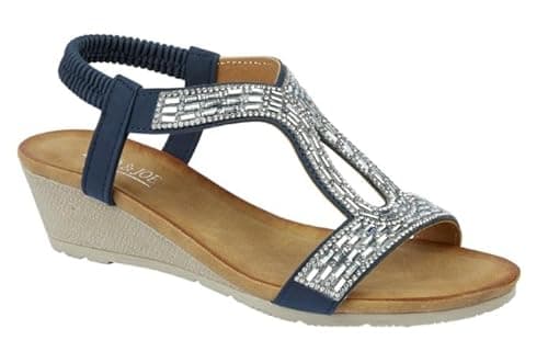 Image of Jo & Joe Ladies Mid Heel Wedge Comfort Sandal with Glitzy Jewels and Elasticated Slingback Strap, Flexible sole sizes 4-8 (Navy, UK Footwear Size System, Adult, Women, Numeric, Medium, 4)