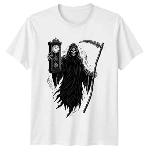 Image of Sassy Souls Grim Reaper Skeleton Holding Clock and Scythe T-Shirt Memento Mori Gothic Art Horror Niche Halloween Birthday for Him and Her L White
