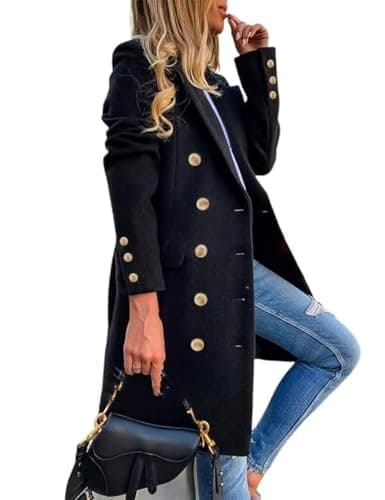 Image of IDEALSANXUN Womens Fall Winter Wool Coats Double Breasted Midi Peacoat Trench Coats, Black 01, XX-Large