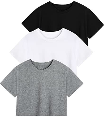 Image of Star Vibe 3 Pack Cotton Crop Tops Gym for Women Round Neck Cropped Athletic Top Workout Yoga Tops T-Shirt Women Black/White/Gray M