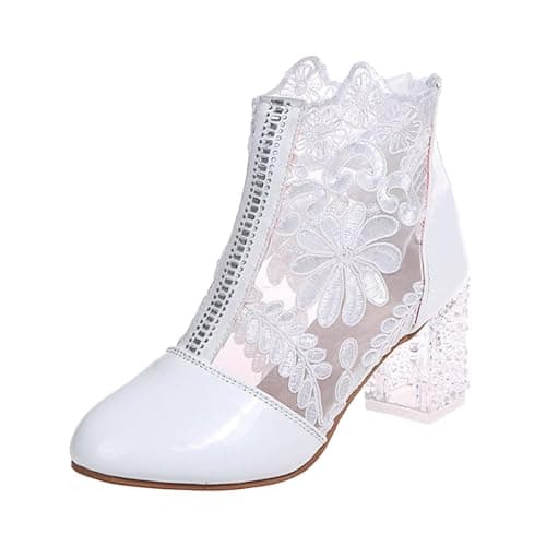 Image of Generisch Women's Shoes Elegant Lace Floral Block Heel Non-Slip Mesh Rhinestone Evening Party Bridal Shoes, White, 2/2.5 UK