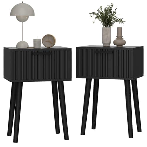 Image of YMYNY Fluted Nightstand Set of 2, Small End Table, Modern Coffee Table with Drawer, Solid Wood Legs, Retaining Chain, 35x27x53cm, for Bedroom and Small Spaces, Black HST014B-2