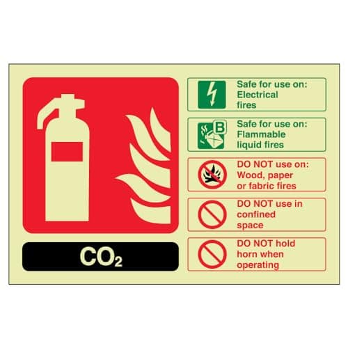 Image of V Safety Glow In The Dark Carbon Dioxide Co2 Id Fire Extinguisher Sign - 150mm x 100mm - Self Adhesive Vinyl