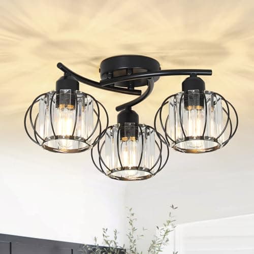 Image of Stepeak Crystal Ceiling Lights Living Room, 3-Lights Crystal Chandeliers Ceiling Light, Modern Ceiling Lights with Glass Lampshades, Black Chandelier for Bedroom, Hallway Light Ceilings for Kitchen