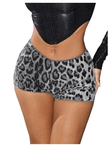 Image of GORGLITTER Women's Leopard Print Sequins Sparkly Mini Shorts Low Rise Skinny Sexy Party Shorts Grey Large