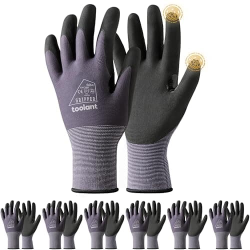 Image of toolant 6 Pairs Work Gloves MicroFoam Nitrile Coated, 15 Gauge Breathable Nylon with Grip in Wet & Oily Condition, Touchscreen, Certified Working Gloves Bulk for Gardening, Warehouse,Automotive,Gray,M