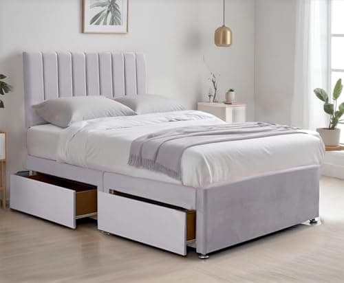 Image of BED TIME UK - Silver Plush Divan Bed | 4FT6 Double Bed with 10" Spring Memory Foam Mattress | Bed Frame with 2 Storage Drawers & 26” Vertical Line Headboard