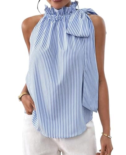 Image of MINTLIMIT Women's Sleeveless Striped Blouses Stand Collar Tie Front Shirts Summer Casual Striped Tank Tops
