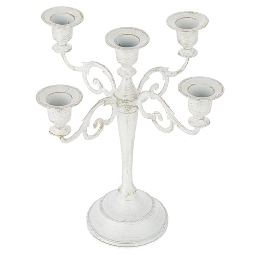 Image of Sziqiqi Candelabra Candle Holder 5-Arms Candlestick Holders, White Candle Stick Stands for Taper Candles for Wedding Table Centrepieces Candlelight Dinner Party Christmas Mantel Decor