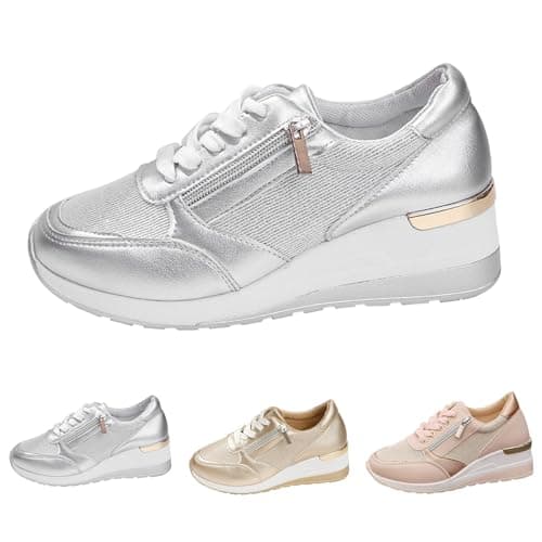 Image of UK 5 Women's Fashion Glitter Side Zip Wedge Shoes Sneakers Platform 5 Cm Wedge Trendy Tennis Walking Shoes Low Top Sneakers Silver Footwear Clearance