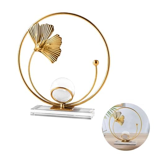 Image of AXXIMENG Metal Leaf Sculpture Leaves Statue Crystal Ball Decorative Ginkgo Leaf Statue Home Ornaments Sculptures Metal Leaves Gold for Living Room Table Decoration Bedside Table Desktop Decoration