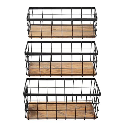 Image of TIEYIPIN Farmhouse Decor Metal Wire Storage Baskets, Wood Base Containers Organizing Basket Caddy Bin for Kitchen Cabinets, Bathroom, Pantry, Garage, Laundry Room, Closets - Small - Black (Set of 3)