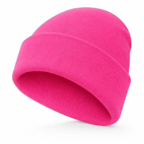 Image of WS UK Kids Beanie Hat - Unisex Slouch Winter Woolly Turn Up Knitted (Neon Pink)