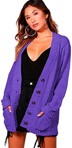 Image of STAR FASHION Women’s Grandad Cardigan Chunky Cable Knit 5 Button Up Jumper with Pockets Long Sleeve Open Front Winter Sweater Ladies Warm Knitwear Purple-20-22