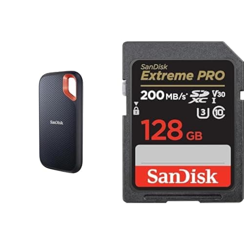 Image of SanDisk 2TB Extreme Portable SSD, USB-C USB 3.2 Gen 2, External NVMe Solid State Drive & 128GB Extreme PRO SDXC card + RescuePRO Deluxe, up to 200MB/s, UHS-I, Class 10, U3, V30