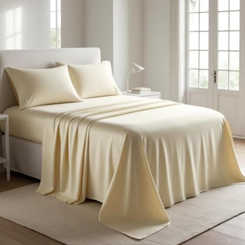 Image of Flat Sheet 100% Egyptian Cotton, 200 Thread Count, Premium Hotel Quality Ultra Soft Bedding | Luxury Non-Iron, Wrinkle, Stain & Fade Resistant Top Sheet (Cream, King)