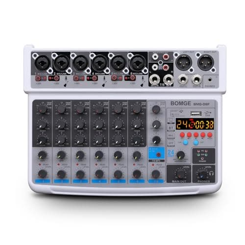 Image of BOMGE 8 channel mini audio mixer Line Mixer ,DC 5V,with MP3 Player,BluetoothcU disk 48Vv24DSP effects, USB recording Ideal for Small Clubs or Bars, Studio Recording (8 channels-WHIT)