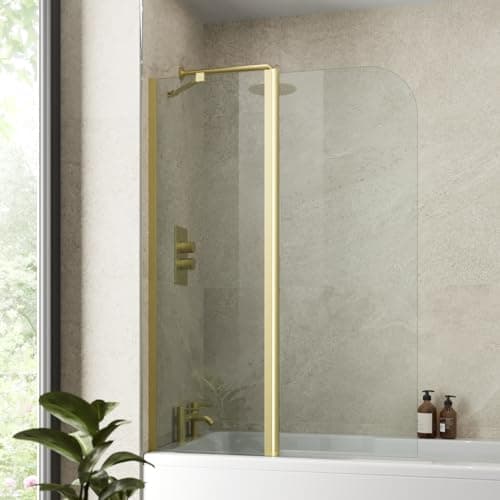 Image of Luxura® 1000 x 1400mm Brushed Brass Gold 2 Section Folding Over Bath Shower Screen Door 6mm Clear Toughened Safety Glass Panel 180° Pivot Bathroom Hinged Framed Bath Screens