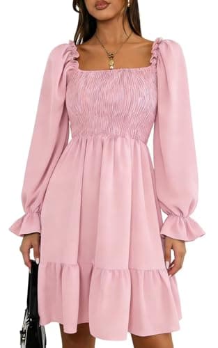 Image of Women's Causal Square Neck Dress Puff Sleeve Smocked A Line Swing Flowy Ruffle Babydoll Mini Dress Pink L