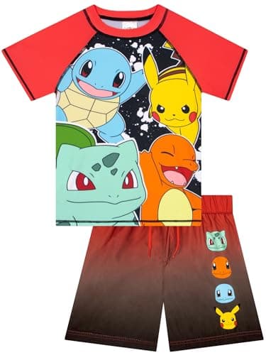 Image of Pokemon Boys Swimming Costume, Bulbasaur, Charmander and Pikachu Boys Swimsuit, 2 Piece Swimwear, Red 10-11 Years