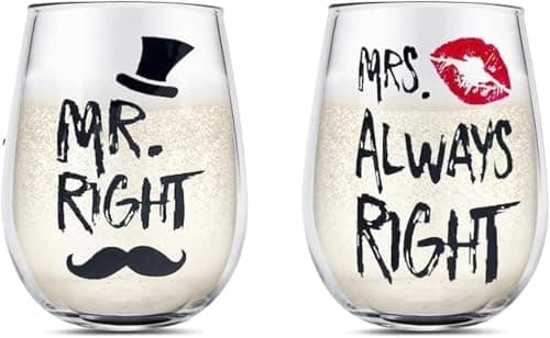 Image of Yalucky Couple Gifts Mr. Right and Mrs. Always Right Stemless Wine Glass Set Engagement Gift Wedding Gift for Couple Golden Wedding Anniversary for Bride and Groom Valentines Gifts for Him and Her