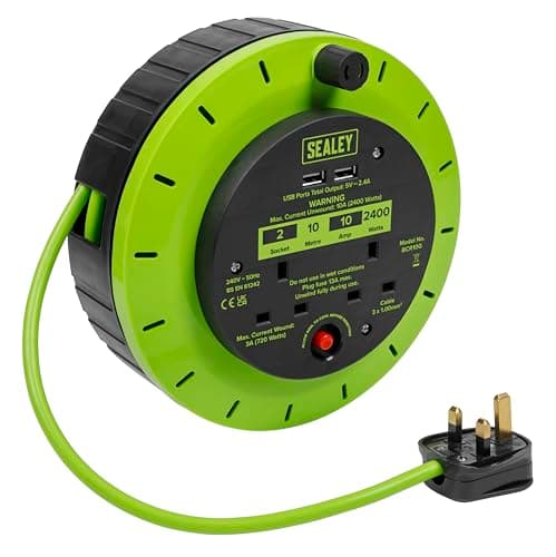 Image of Sealey 10m Cassette Type Cable Reel Green with Thermal Trip 2 x 230V and 2 x USB - BCR10G