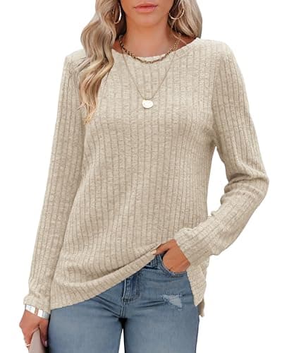 Image of Odosalii Long Sleeve Tops Women Crew Neck Fall Jumpers Ladies Basic Lightweight Tunic Sweaters Beige Holiday Family Matching Outfits Beige Size 18-20