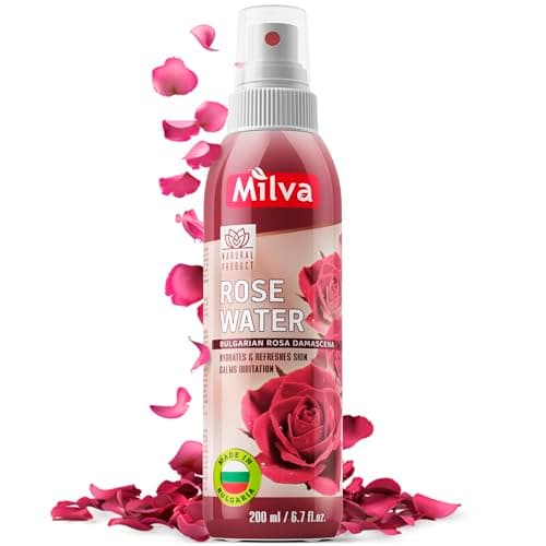 Image of Milva Rose Water Spray with Bulgarian Rose Oil - Natural Face Mist & Hydrating Toner - Pure Rosewater for Hair, Body & Makeup Removal - Alcohol Free Cleanser, 200 ml