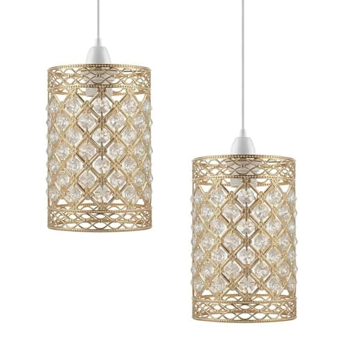 Image of 2 Pack Modern French Gold Crystal Pendant Light Shade, Jewels Modern Easy Fit Round Drum Pendant Lampshade,12cm Diameter Crystal Ceiling Light for Kitchen Island, Dining Room, Living Room