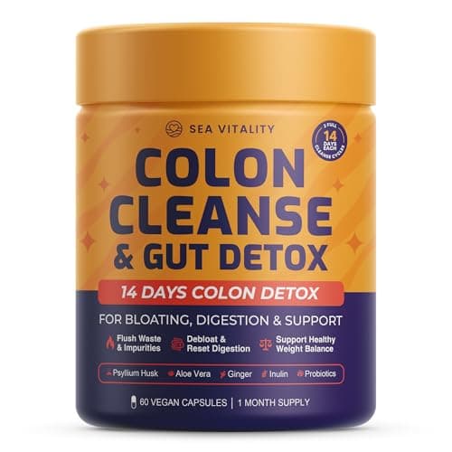 Image of Colon Cleanse & Gut Detox – 14 Day Colon Cleanse Detox for Bloating, Digestion & Gut Support – Psyllium Husk, Aloe Vera, Ginger & Probiotics – 60 Vegan Capsules – 2 Full Colon Cleanse Cycles