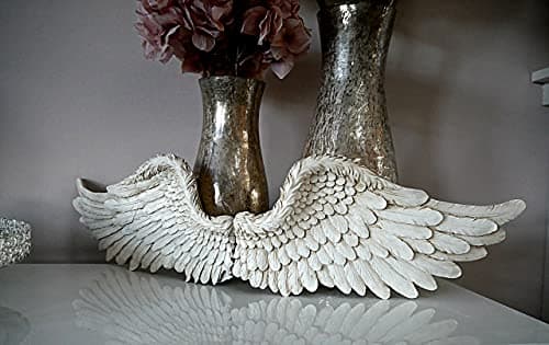 Image of Garden Mile Angel Wings French Destressed Look, Vintage Classical Victorian Style Sculptures Ornament, Rustic White or Silver Decorative Wall or Table Sculptures (Small White)