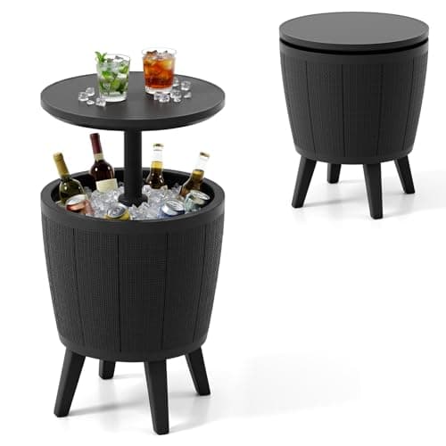Image of COSTWAY Ice Bucket Table, 37L/38L Ice Beer Drinks Storage Holder with Lift-Top & Drainage Plug, Outdoor Garden Patio Deck Cooler Cocktail Bar Table for Camping Picnic Party (Black, 49 x 59/84 cm)