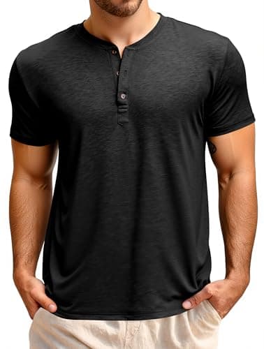 Image of Runcati Men's Short-Sleeved Henley Shirt Summer Regular Fit Tops Men Crew Neck Plain Basic Shirt Casual Tee Tops with Button Placket, black, L
