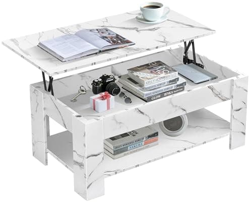 Image of Blisswood Coffee Table With Storage, Lift Up Coffee Table For Living Room, Wooden Coffee Tables With 1 Shelf Large Hidden Storage Lift-Top Sofa End Tea Table White Marble 120x60x(49.5-62.5) H cm