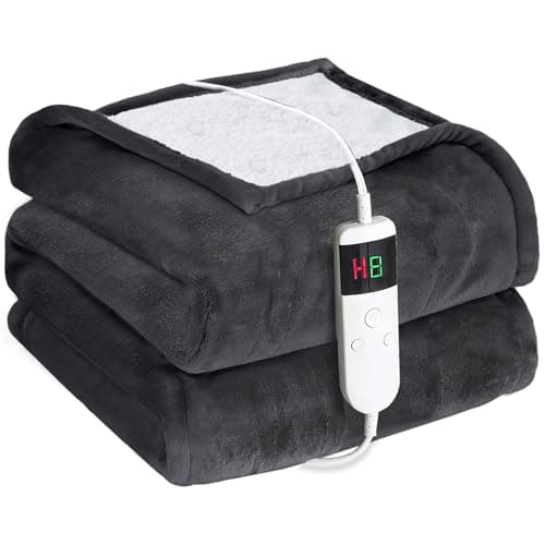 Image of Cushious Electric Heated Blanket Throw 150×200cm, 10 Heat Settings & 8 Hours Auto-Off Timer, Overheat Protection & Machine Washable, Flannel & Sherpa Heating Blanket for Sofa Bed Office