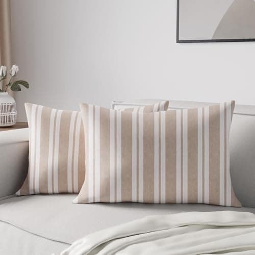 Image of Encasa XO Cushion Covers 2 pcs set (30x50 cm) - Franca Beige Stripes - Decorative Large Rectangle Colourful Washable Eco - Cotton, Throw Pillow Cases for Living Room, Sofa, Bedroom, Home & Hotel