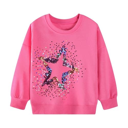 Image of Baogaier Girls Sweatshirt Cotton Long Sleeve T Shirts Jumper Crew Neck Casual Loose Kids Clothes Soft Breathable Pullover Tops Girl Clothing Age 6-7 Years, Rose red Stars Sequins