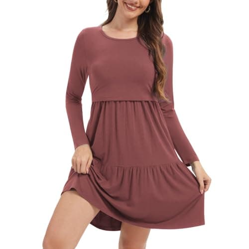 Image of Bearsland Women’s Long Sleeve Nursing Dress Breastfeeding Dresses Pregnancy Dress with Pocket, Coppery Brown, XL