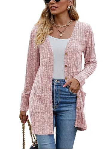 Image of Famulily Ladies Cardigans Long Sleeve Open Front Button Down V Neck Oversized Loose Fitted Swearter (M, Pink)