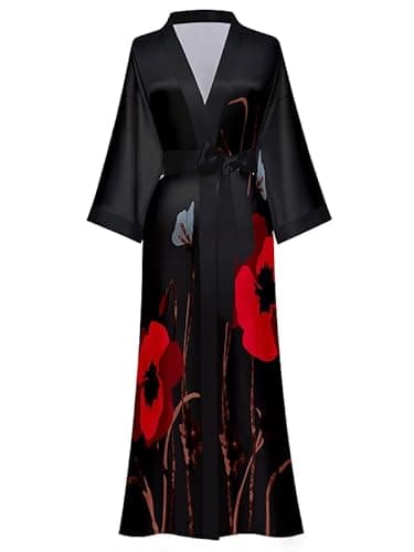 Image of EORUBE Long Kimono Robe Women Cover Up Print Floral Satin Sleepwear Silky Bathrobe Bachelorette Robe (Black - Red Flower)