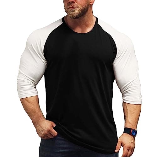 Image of DLSMDOUS Mens Muscle Cut Raglan Tshirts with 3/4 Sleeve Fitness Workout Tops Black-White L