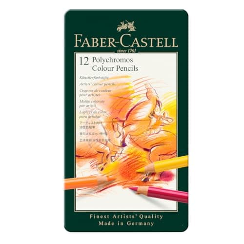 Image of Faber-Castell Art & Graphic Polychromos Colour Pencil, Multicoloured, Tin of 12, for Art, Craft, Drawing, Sketching, Home, School, University, Colouring
