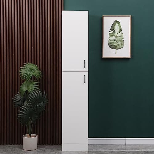 Image of Menaka Tall Bathroom Storage Unit Cabinet Free Standing White High Glossing Slim Tallboy Cupboard with Shelves and Door Living Room Bookshelf Bookcase for Home Office Corner Narrow Small Space (White)