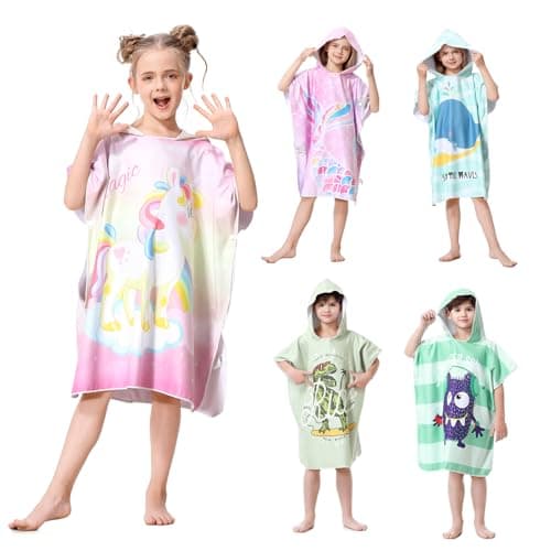 Image of MOKANI Hooded Poncho Towels for Kids, Quick Dry Microfibre Bath Swim Beach Towels Changing Robe for Girls Boys, Warm Wrap Towelling Poncho for Bathroom Swimming Pool Travel(Kid's Height: 100-140CM)